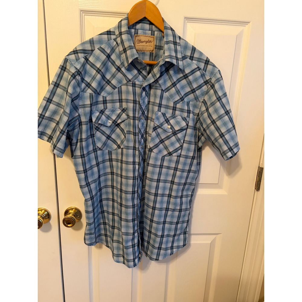Wrangler Western Shirt Mens Large Blue Plaid Pearl Snap Short Sleeve 112365056